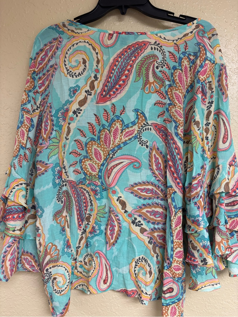 Sharagano Turquoise Multicolor Paisley V-Neck Ruffle Sleeve Tunic - Picture 2 of 6